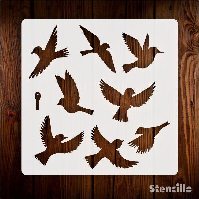 Flock Of Whimsical Friends - Flying Birds PVC Stencil For Walls, Canvas & Fabric Painting -