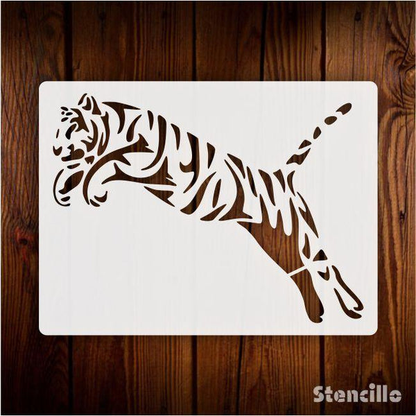 Unleash the Wild Spirit: Tribal Tiger Jump Stencil for Walls, Canvas, and More -