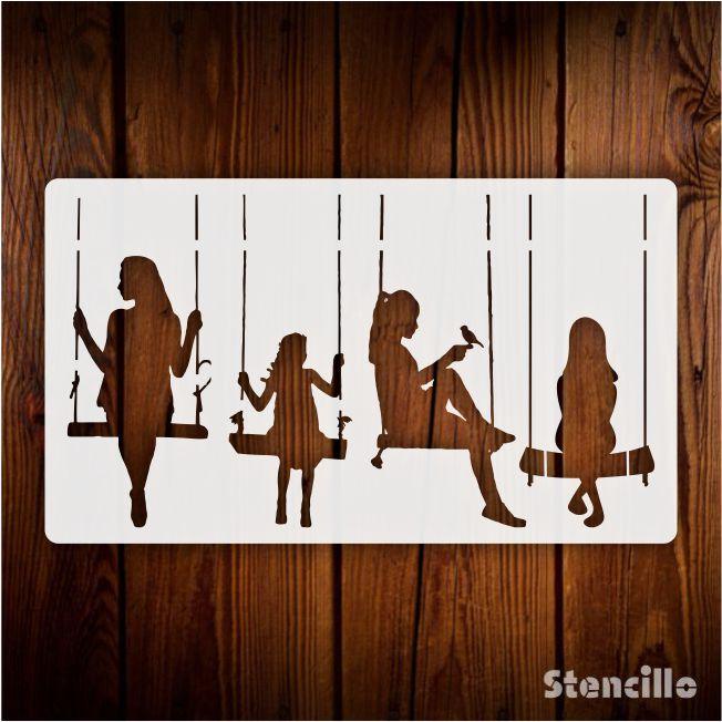 Swinging into Whimsy: "Tree Swing Girls" Stencil for Walls, Canvas, and More -