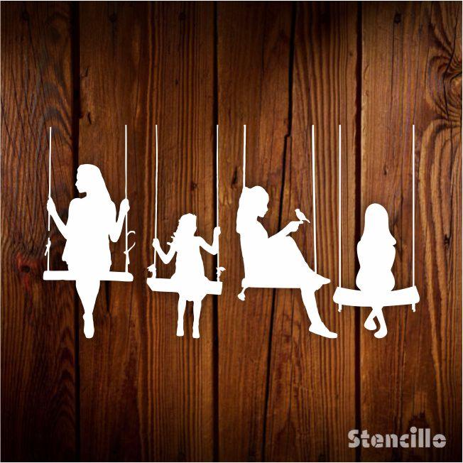 Swinging into Whimsy: "Tree Swing Girls" Stencil for Walls, Canvas, and More -