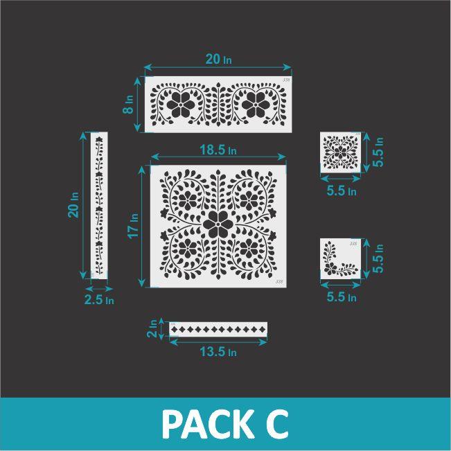 Pique - Indian Inlay Furniture Stencils Set- Reusable Plastic Stencils for Furniture,Fabric and walls- Stencillo - Pack C