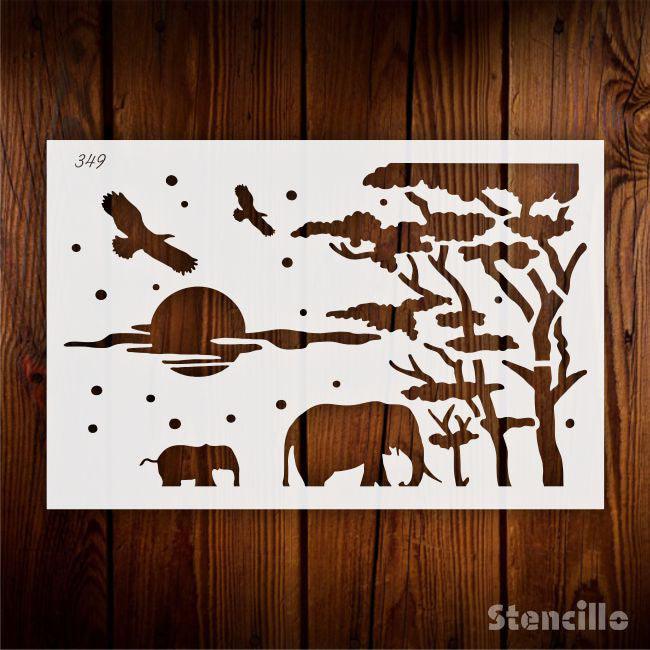 Journey Into A Whimsical World Elephant and Tree Plastic Stencil For Walls, Canvas, Fabric Painting -