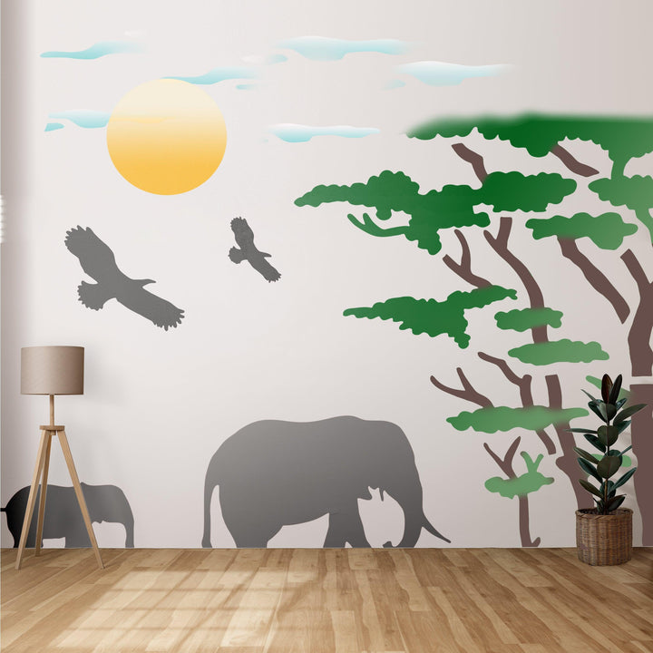 Journey Into A Whimsical World Elephant and Tree Plastic Stencil For Walls, Canvas, Fabric Painting -