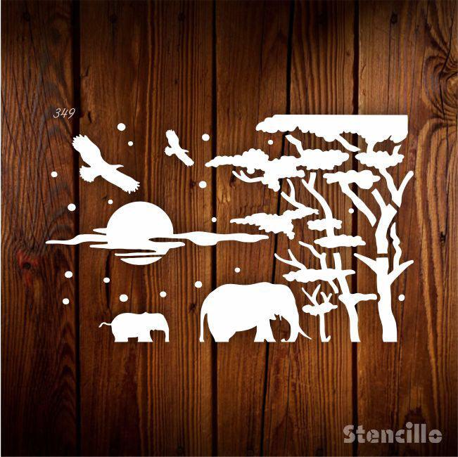 Journey Into A Whimsical World Elephant and Tree Plastic Stencil For Walls, Canvas, Fabric Painting -