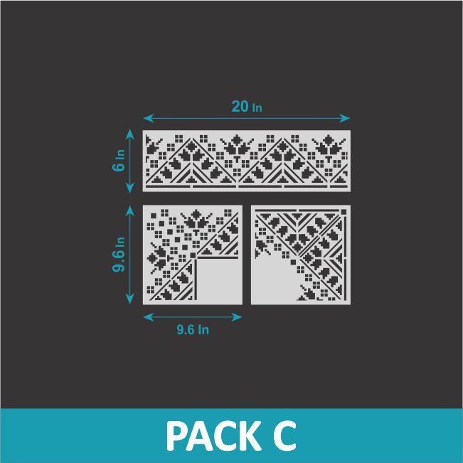 Verve- indian Inlay Border Stencils Set- Reusable Plastic Stencils for Furniture,Fabric and walls- Stencillo - Pack C