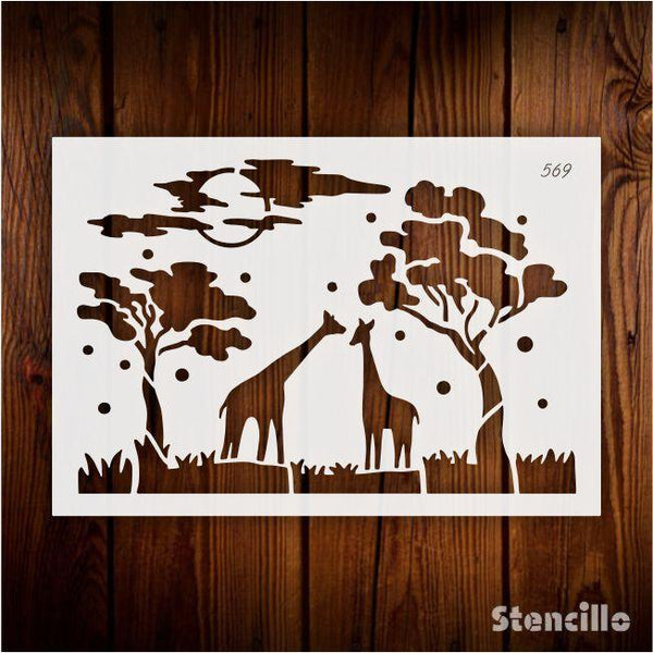 Savannah Soiree - Playful Giraffes & Trees Stencil For Walls, Canvas & Fabric Painting -